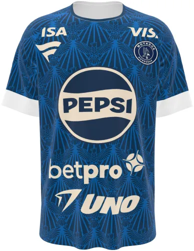Camisa titular do FC Motagua 2026 - 2027 azul-marinho com folhagem em leque, frente e costas