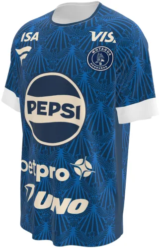 Camisa titular do FC Motagua 2026 - 2027 azul-marinho com folhagem em leque, frente e costas