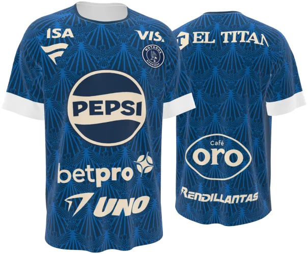 Camisa titular do FC Motagua 2026 - 2027 azul-marinho com folhagem em leque, frente e costas