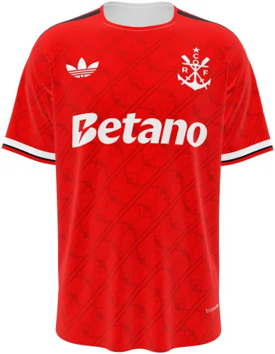Camisa terceiro uniforme do Flamengo 2026 vermelha com escudos tom sobre tom, frente e costas