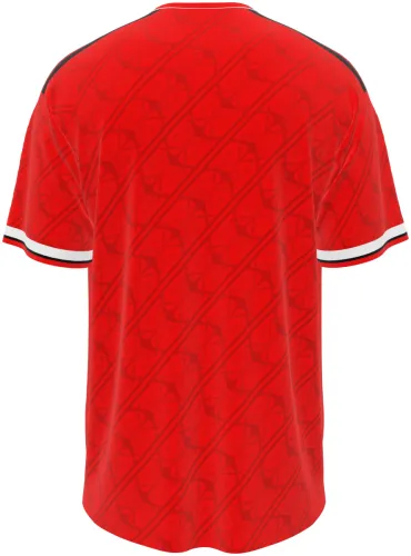 Camisa terceiro uniforme do Flamengo 2026 vermelha com escudos tom sobre tom, frente e costas