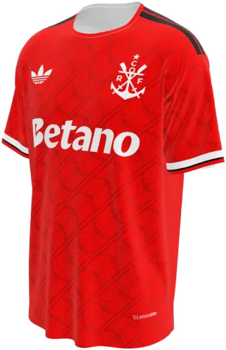 Camisa terceiro uniforme do Flamengo 2026 vermelha com escudos tom sobre tom, frente e costas