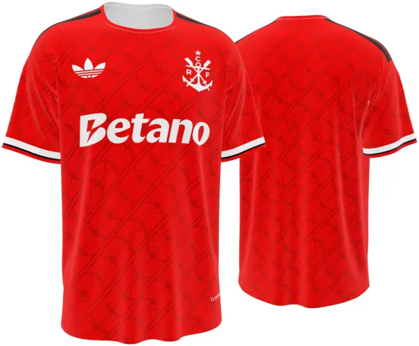 Camisa terceiro uniforme do Flamengo 2026 vermelha com escudos tom sobre tom, frente e costas