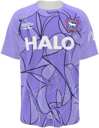Camisa de goleiro do Ipswich Town 2026 - 2027 lilás com linhas pretas entrelaçadas, frente e costas