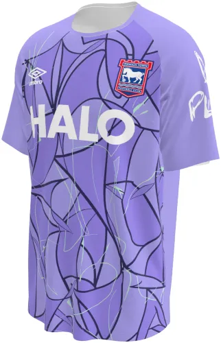 Camisa de goleiro do Ipswich Town 2026 - 2027 lilás com linhas pretas entrelaçadas, frente e costas