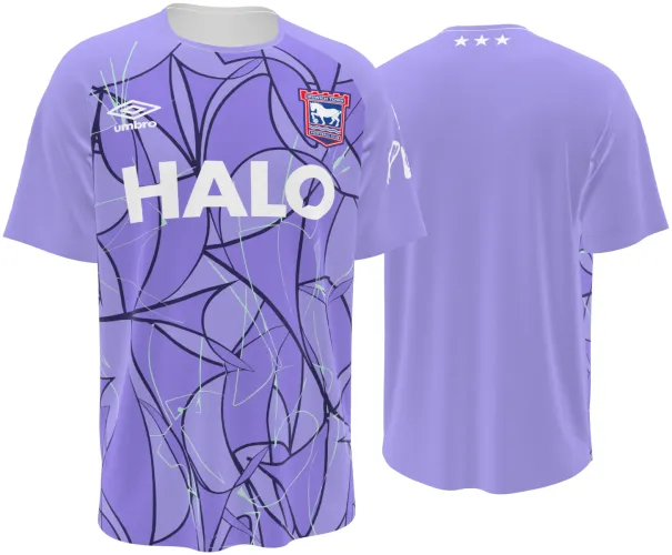 Camisa de goleiro do Ipswich Town 2026 - 2027 lilás com linhas pretas entrelaçadas, frente e costas