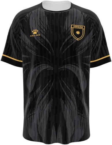 Camisa terceiro uniforme da Jordânia 2026 preta com folhagem tom sobre tom e dourado, frente e costas