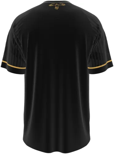 Camisa terceiro uniforme da Jordânia 2026 preta com folhagem tom sobre tom e dourado, frente e costas