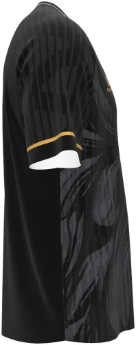 Camisa terceiro uniforme da Jordânia 2026 preta com folhagem tom sobre tom e dourado, frente e costas