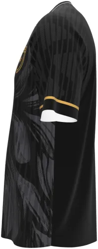Camisa terceiro uniforme da Jordânia 2026 preta com folhagem tom sobre tom e dourado, frente e costas