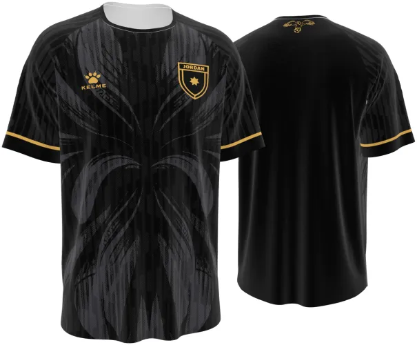 Camisa terceiro uniforme da Jordânia 2026 preta com folhagem tom sobre tom e dourado, frente e costas