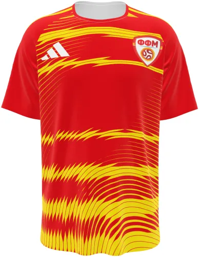 Camisa titular da Macedônia do Norte 2026 vermelha com raios amarelos, frente e costas