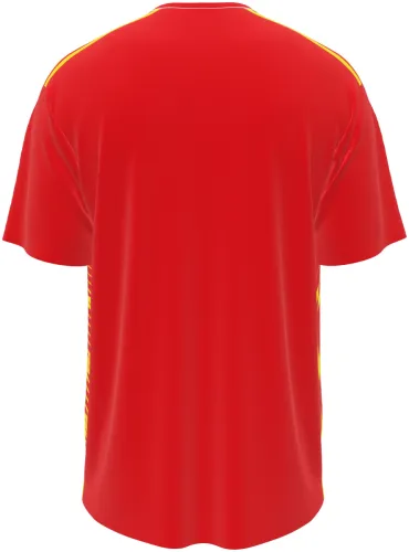 Camisa titular da Macedônia do Norte 2026 vermelha com raios amarelos, frente e costas