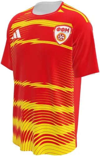 Camisa titular da Macedônia do Norte 2026 vermelha com raios amarelos, frente e costas