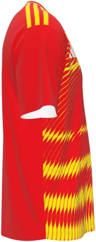 Camisa titular da Macedônia do Norte 2026 vermelha com raios amarelos, frente e costas