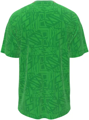 Camisa retrô do México 1994 verde-limão com grafismo asteca, frente e costas