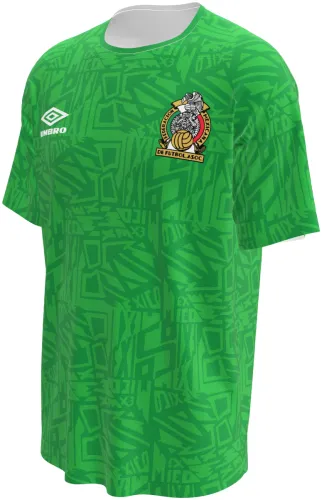 Camisa retrô do México 1994 verde-limão com grafismo asteca, frente e costas