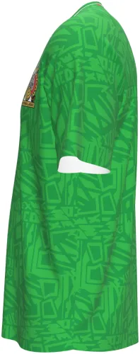 Camisa retrô do México 1994 verde-limão com grafismo asteca, frente e costas