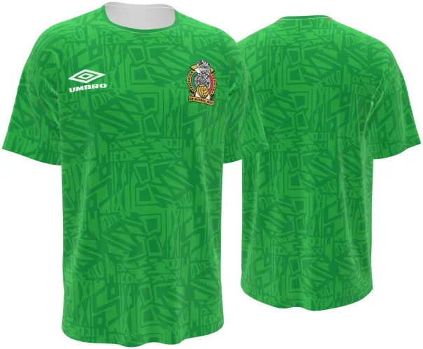 Camisa retrô do México 1994 verde-limão com grafismo asteca, frente e costas