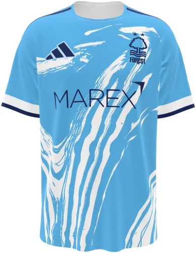 Camisa terceiro uniforme do Nottingham Forest 2026 - 2027 azul-claro com veios brancos, frente e costas