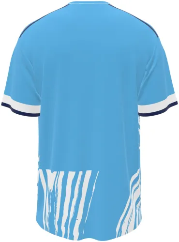 Camisa terceiro uniforme do Nottingham Forest 2026 - 2027 azul-claro com veios brancos, frente e costas