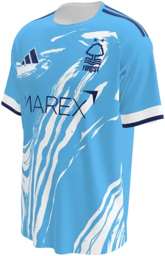 Camisa terceiro uniforme do Nottingham Forest 2026 - 2027 azul-claro com veios brancos, frente e costas