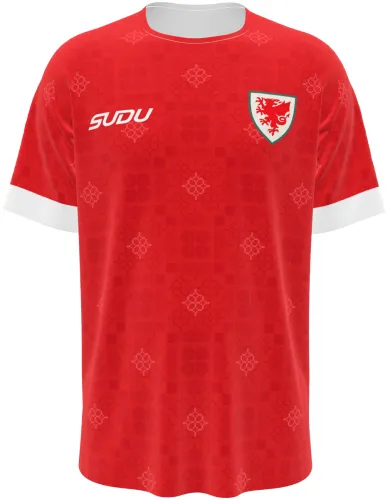 Camisa titular do País de Gales 2026 - 2027 vermelha com ladrilho celta tom sobre tom, frente e costas
