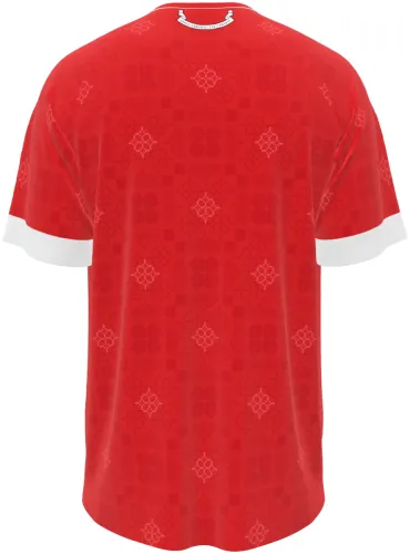 Camisa titular do País de Gales 2026 - 2027 vermelha com ladrilho celta tom sobre tom, frente e costas