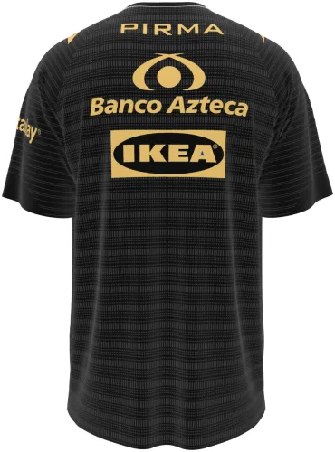 Camisa terceiro uniforme do Puebla 2026 - 2027 preta com faixa diagonal dourada, frente e costas