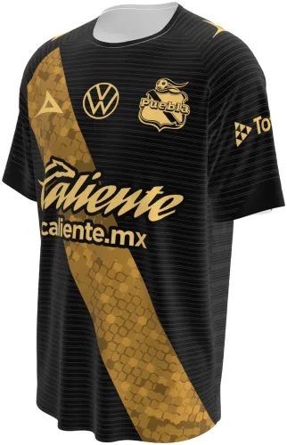 Camisa terceiro uniforme do Puebla 2026 - 2027 preta com faixa diagonal dourada, frente e costas