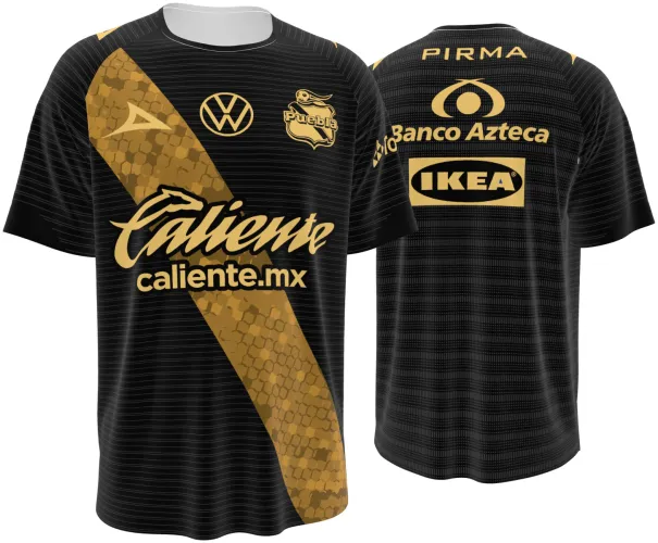 Camisa terceiro uniforme do Puebla 2026 - 2027 preta com faixa diagonal dourada, frente e costas