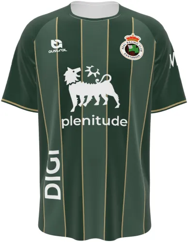 Camisa visitante do Racing Santander 2026 - 2027 verde-escura com listras douradas, frente e costas