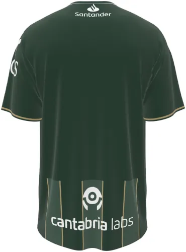 Camisa visitante do Racing Santander 2026 - 2027 verde-escura com listras douradas, frente e costas