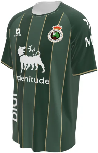 Camisa visitante do Racing Santander 2026 - 2027 verde-escura com listras douradas, frente e costas