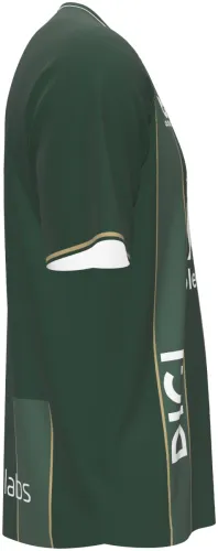 Camisa visitante do Racing Santander 2026 - 2027 verde-escura com listras douradas, frente e costas