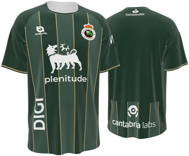 Camisa visitante do Racing Santander 2026 - 2027 verde-escura com listras douradas, frente e costas