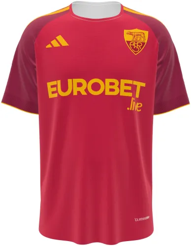 Camisa titular da Roma 2026 - 2027 vermelha com mangas vinho e filete amarelo, frente e costas
