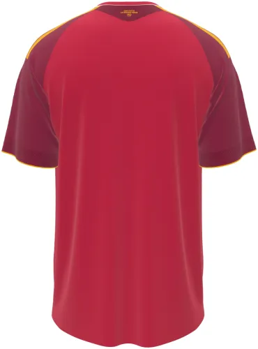 Camisa titular da Roma 2026 - 2027 vermelha com mangas vinho e filete amarelo, frente e costas