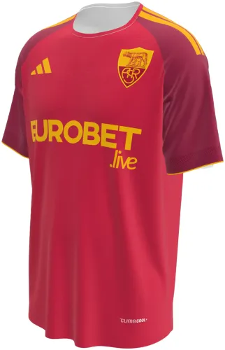 Camisa titular da Roma 2026 - 2027 vermelha com mangas vinho e filete amarelo, frente e costas
