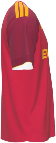 Camisa titular da Roma 2026 - 2027 vermelha com mangas vinho e filete amarelo, frente e costas