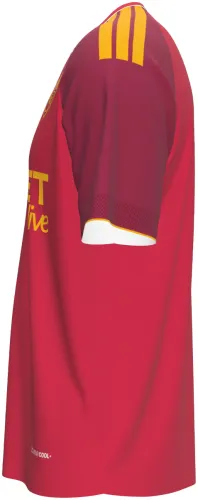 Camisa titular da Roma 2026 - 2027 vermelha com mangas vinho e filete amarelo, frente e costas