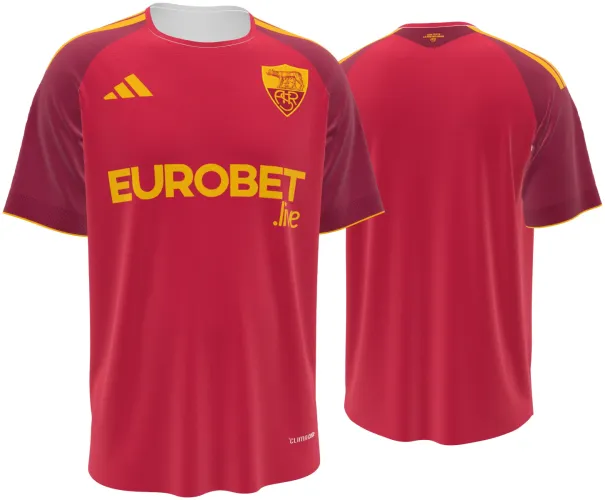 Camisa titular da Roma 2026 - 2027 vermelha com mangas vinho e filete amarelo, frente e costas