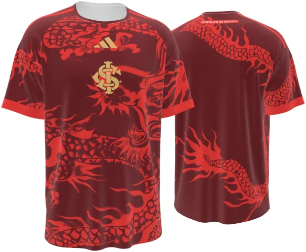 Camisa terceiro uniforme do SC Internacional 2026 bordô com um dragão chinês, frente e costas