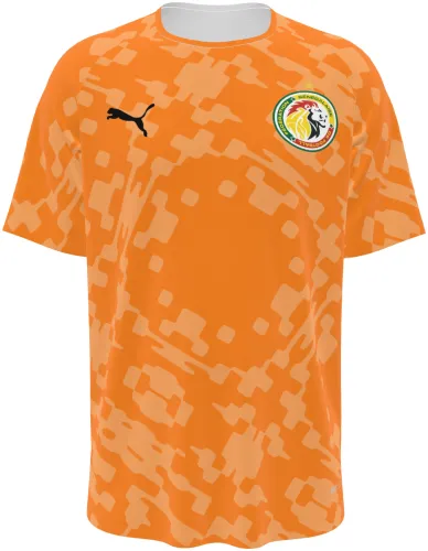 Camisa de goleiro do Senegal 2026 laranja com camuflagem de blocos, frente e costas