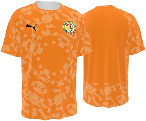 Camisa de goleiro do Senegal 2026 laranja com camuflagem de blocos, frente e costas