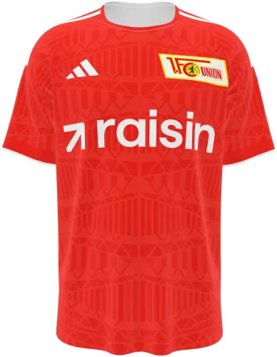 Camisa titular do Union Berlin 2026 - 2027 vermelha com padrão geométrico tom sobre tom, frente e costas
