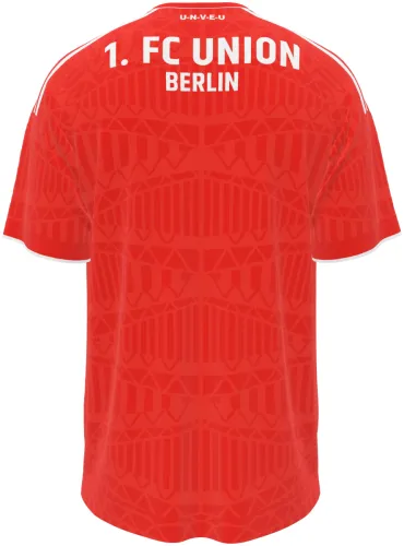 Camisa titular do Union Berlin 2026 - 2027 vermelha com padrão geométrico tom sobre tom, frente e costas