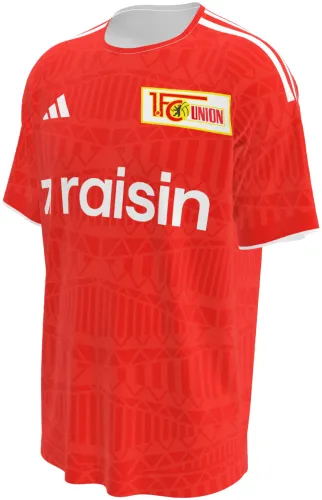 Camisa titular do Union Berlin 2026 - 2027 vermelha com padrão geométrico tom sobre tom, frente e costas