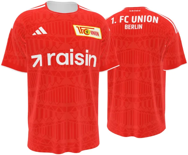 Camisa titular do Union Berlin 2026 - 2027 vermelha com padrão geométrico tom sobre tom, frente e costas