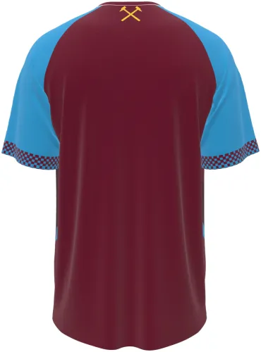 Camisa titular do West Ham 2026 - 2027 vinho com mangas azul-claro, frente e costas